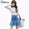 Tataria Frauen Hohe Taille Rüschen Denim Rock Frauen Vintage Unregelmäßige Saum Paket Hüfte Weibliche Elastische Mini 210514