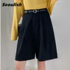 Seoulish Summer Women's Shorts With Belted Solid High Waist Office Wide Leg Shorts Elegant Lila Loose Byxor Ficka 210611