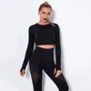 Kvinnor TRACKSUITS YOGA SET Långärmad gröda Top Shirts Stretchy Rib Leggings Gym Sets 2 Piece Fitness Kläder Sport kostymer C1xm #