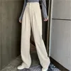 Corduroy hög midja bredben långa byxor byxor kvinnor knappar casual koreanska rakt golvlängd kvinnlig mode 210513