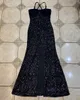 Lato Wysokiej jakości czarne długie cekiny Bez ramiączek V-Neck Fashion Tight Sukienka Nightclub Party 210527