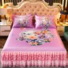 Letto Gonna da letto estiva in seta di ghiaccio Biancheria da letto di fascia alta Fiori romantici rosa Tessile confortevole con copriletto federe 2 pezzi F0502 210420