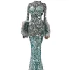 2022 Sparkle Mermaid Abendkleid Sheer Langarm Prom Kleider Federn Illusion Pailletten Anpassen Kleider für den zweiten Empfang230l