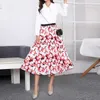 Summer Women Vintage Stripe Print High Waist Mid-calf Length Cartoon Pleated Skirts Active Wear Fashion Party 210708