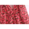 Floral Print Boho Summer Dress Women Casual Loose Red Transparent V Neck Button A-line Holiday 210427