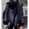 Women's Leather & Faux Winter Women Large Size Jacket Sheepskin Shearling Coat Lamb Fur Bomber Black