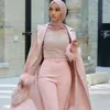 Luxury Muslim Light Pink Jumpsuit Evening Dresses Beaded Crystals Pearls Sequins Top Feather Long Sleeves Arabic Dubai Bride Women Formal Party Gowns Prom Dress