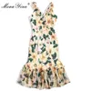 패션 디자이너 드레스 여름 여성 드레스 V 넥 동백 꽃 인쇄 인어 드레스 210524