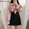 Nomikuma Ruffle Papillon Colletto Manica lunga Camicia rosa Blusa Femme Tinta unita Ruffles Camicetta Donna Vintage Sweet Tops 3d130 210514