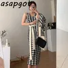 Chic Koreanische Lange Einreiher V-ausschnitt Plaid Gestrickte Jacke Pullover Sexy Spaghetti Strap Kleid mit Gürtel 2 Stück Set elegante 210610