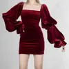 SHENGPLLAE elegant velvet dress women's srpinhg Red Lantern Sleeve square neck fashion above knee dresses female 5A1404 210427