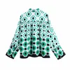 PUWD Casual Dames Groene Print Blouse Suit Spring Elegante Vrouwelijke Streetwear Pant Matching Sets Dames Vinatge Geometry Suits 211007