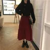 Plus Size Autumn Winter Corduroy Skirt Women Vintage Wine red Midi Long s Female Elastic High Waist A-line Pleated 210421