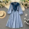 Chic Preppy Style Lanterna Sleeve A-Line Vestido Autumn Knitted Capes Vestidos Mulheres O-pescoço Midi Vestidos 1F730 210422