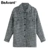 BeAvant mode pied de poule femmes chemise revers à manches longues hiver haut de bureau haute rue style Plaid lâche chemise 210709