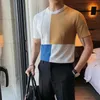 Fashion Color Matching T-shirt Men Summer Short Sleeve Knitted T-shirt Casual Slim O-neck Tops Tees Ice Silk Breathable Clothes 210527