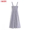 Fashion Women Blue Striped Print Cotton Ling Sleeveless Backless Female Beach Dress QN33 210416