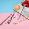 NEWStainless Steel Fruit Fork Colorful Metal Dessert Cake Snack Forks Two Tooth Fruits Tableware Household For Party Flatware RRA9642