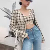 Retro style sexy short suspenders + plaid knitted jacket two-piece women spring and autumn fashion suit 211109