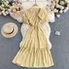 Singreiny Women Polka Dot Dress Sweet Korean V Neck Puff Sleeve Ruffles Klänningar Sommar Bohemian Print A-Line Midi Long Dress 210419