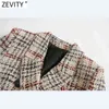 Zevity Mujeres Vintage Plaid Patrón Imprimir Abrigo de lana Mujer Chic Manga larga Doble botonadura Outwear Chaquetas Tops CT629 211110