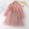 2021 New Little Girls Cute Child Clothes Solid Dress Toddler Outfits Girls Princess Patchwork Dress Baby Kids Bow Suits 2-6 Year Q0716