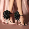 2021 女性サテンカバーリングレザーセクシーなレディース 9.5 センチメートルハイヒールサンダル靴レースネット 3D フラワーダイヤモンドオープントゥワンラインバックル結婚式パーティーサイズ 34-42 LG