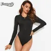 Button Front Black White Stretchy Bodysuits Spring Autumn O Neck Long Sleeve Women Solid Slim Fitted 210510