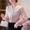 Moda autunno scollo a V camicetta elegante donna manica lunga rosa top in pizzo Office Lady raso Blusas Mujer 11403 210512