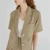 [EAM] Szerokie szorty do nóg Casual Dwuczęściowy garnitur Notched Krótki Rękaw Khaki Luźne Fit Kobiety Moda Wiosna Lato 1DD7842 21512