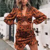 Sexy Satin Women Leopard Drukuj Ruched Vintage Latarnia Rękaw Bodycon Short Boho Wzburzyć Party Shirred Dress 210415