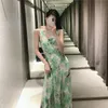Robe d'été pour femmes, imprimé floral vert, longue, élégante, col en V, sans manches, sangle midi, sexy, fête, es 210519