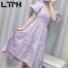 Fashion Sweet purple V-Neck Lantern sleeve women dress long big swing High waist vintage elegant dresses Spring 210427