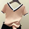 Camisa de manga corta con cuello en V para Mujer, Tops de verano de punto a rayas de Color contrastante, ropa coreana para Mujer, Camisetas para Mujer 13362 210527