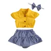 0-24m Summer Toddler Born Neonato Baby Girl Vestiti Set Ruffles Shirt Tops Plaid Shorts Outfits 210515