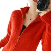 Designer Knitted Sweater Cardigan Women Stand-Up Collar Red Loose Cable Solid Jacket Female Tops Autumn Black Woman