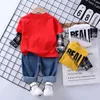 Kleding Herfst Baby Kids Sets Katoen Splicing Lattice Boy Trainingspakken Jongens Sport Pak Letter T-shirt + Jeans KG-528