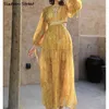 Boho vintage sommar drake hög midja gul tryckt maxi vestido kvinna klänningar öken rivet strand Drfemale kläder x0621