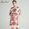 Moda Designer Dress Summer Damska Dress Pół Rękaw Zroszony Diament Indie Ludowe Druk Druk 210524