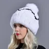 Bérets Real Fur Knit Hat Femmes Hiver Warm Rex Natural Epp Thick Élégant filles pompom