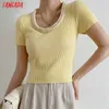 Tangada Korea Chic Women Summer Pearl Neck Yellow Sweater Short Sleeve Ladies Knitted Jumper Tops AI87 210609