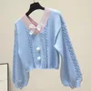 Korean Style White Knitted Sweater Women Sweet V Neck With Bow Vintage Pullover Long Sleeve Knitwear Crop Top Pink Jumper MY537 Women's Swea