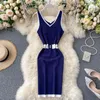 Dress Women Knitted Striped V Neck High Waist Vestidos Stretch Sexy Bodycon Dresses Korean Fashion Clothes 16183 210415