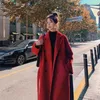 女性ロングコートブラックレッド韓国のレトロな緩いウールベルトウールのウインドブレーカーの特大ファッション秋の女性厚さ3xL 211118