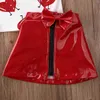 6 M-5Y Sevgililer Günü Kız Kıyafet Yürüyor Çocuk Giyim Seti Kalp Baskı T Shirt PU Deri Etekler Yaz Kostümleri 210515