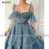 Booma Blue Długi Prom Dresses Sweetheart Crumpled Tulle Ruffles Suknie Wieczorowe Off Ramię Losted A-Line Dresses Bow Belt 210719