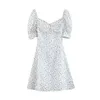 Elegantes Blumendruck-A-Linien-Kleid Puff Kurzarm Mini-Frauen-Fliege rückenfreies Chiffon-Sommerkleid Robe Femme 210515