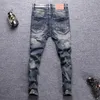 European Vintage Fashion Men Jeans Retro Mörkblå Elastisk Slim Fit Ripped Distribed Designer Casual Denim Byxor CNCZ