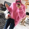 Koreanska kvinnor solid faux mink cashmere plysch höst vinter pullover stickad lös sida split tröja jumper topp 210416