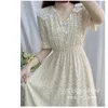 Women Chiffon Dress Summer Korean Short Sleeve Floral Midi V-Neck Bohemia Beach Casual Lace Vestidos Feminina 210510